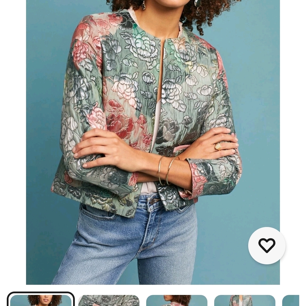 "Formal to Casual" Anthropologie Pink and Green Floral Brocade Blazer